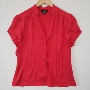 Alfani Silk Blouse Womens 10 Red Short Sleeve Button Front Pintuck V Neck Top
